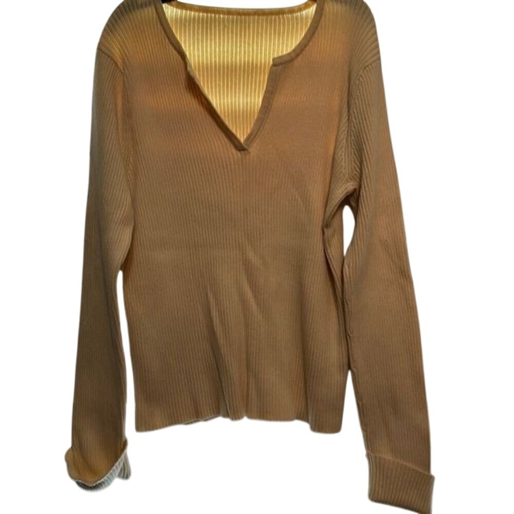 Calvin Klein Jeans Peach Ribbed Split Neck Long Sleeve Top